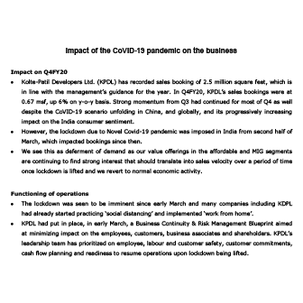 Disclosure of Impact of the CoVID-19 pandemic on the business - Life Republic